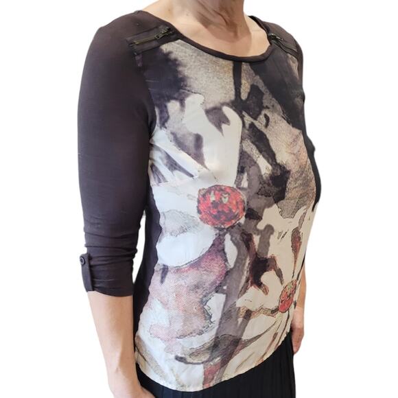 Monteau LA Sheer Art Floral Top M Mixed Media Zipper Shoulder Blouse Mallcore - Picture 9 of 9